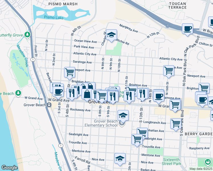 map of restaurants, bars, coffee shops, grocery stores, and more near 866 Brighton Avenue in Grover Beach