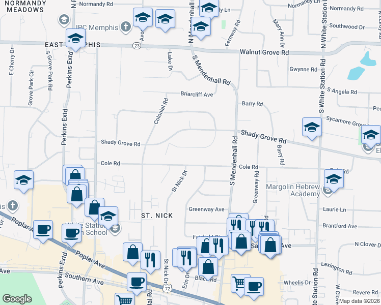 map of restaurants, bars, coffee shops, grocery stores, and more near 4918 Roane Road in Memphis