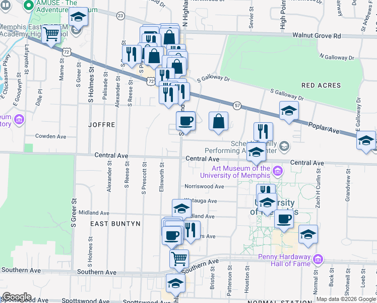 map of restaurants, bars, coffee shops, grocery stores, and more near 274 South Highland Street in Memphis