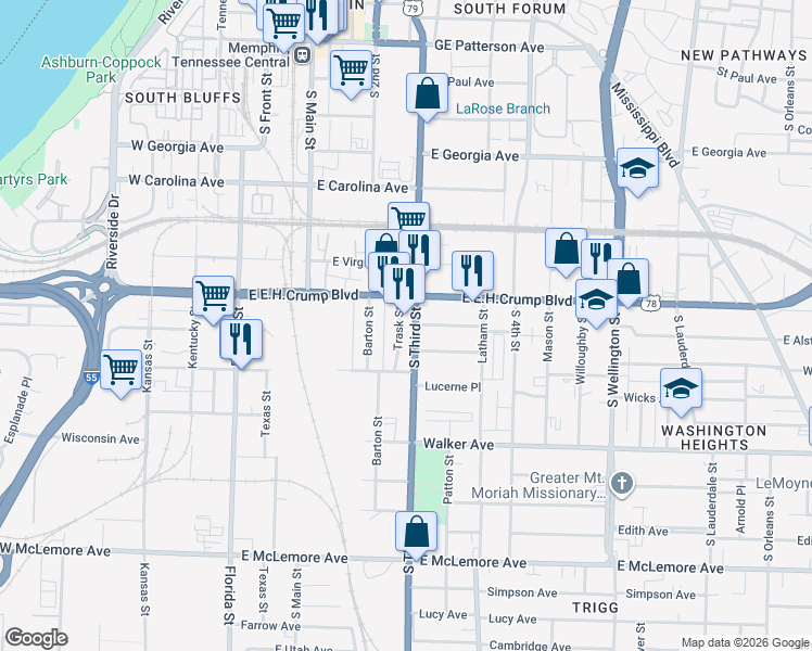 map of restaurants, bars, coffee shops, grocery stores, and more near 861 South 3rd Street in Memphis