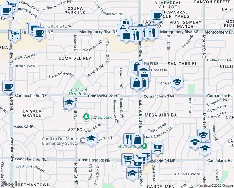 map of restaurants, bars, coffee shops, grocery stores, and more near 9508 San Gabriel Road Northeast in Albuquerque