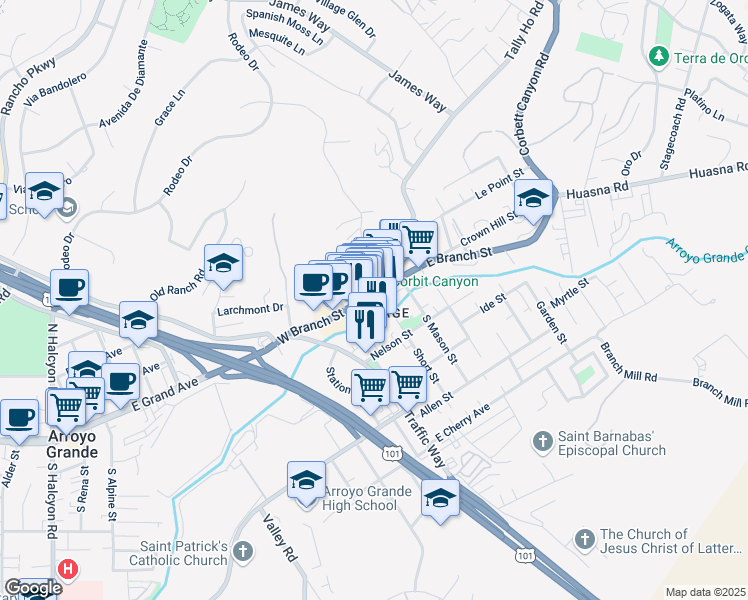 map of restaurants, bars, coffee shops, grocery stores, and more near 118 Olohan Alley in Arroyo Grande
