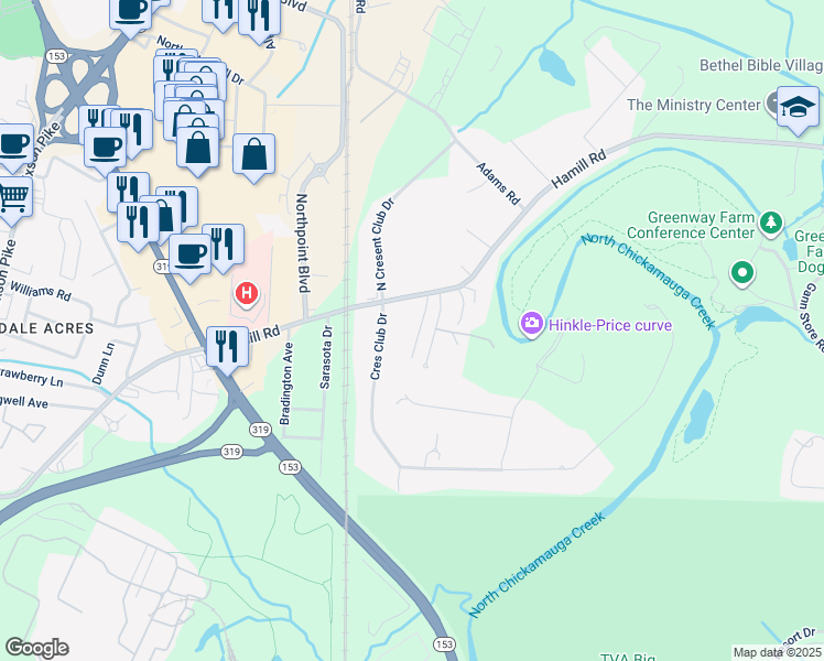 map of restaurants, bars, coffee shops, grocery stores, and more near 4929 Hampshire Place in Chattanooga