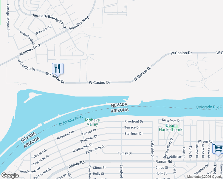 map of restaurants, bars, coffee shops, grocery stores, and more near 1705 W Casino Dr in Laughlin