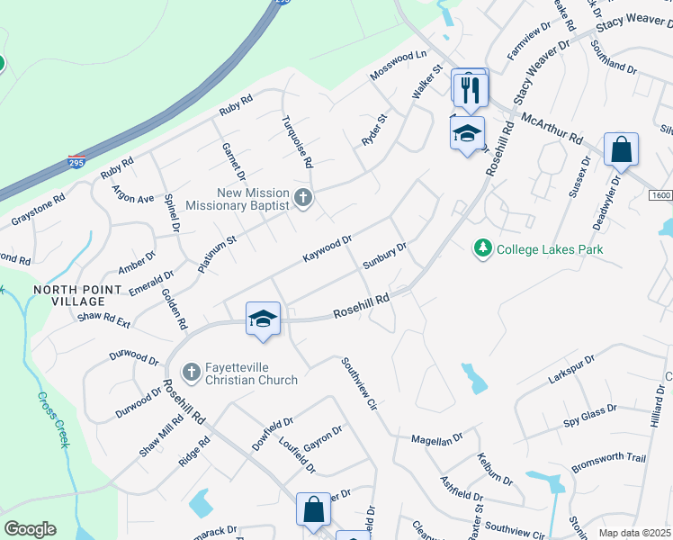 map of restaurants, bars, coffee shops, grocery stores, and more near 932 Sunbury Drive in Fayetteville