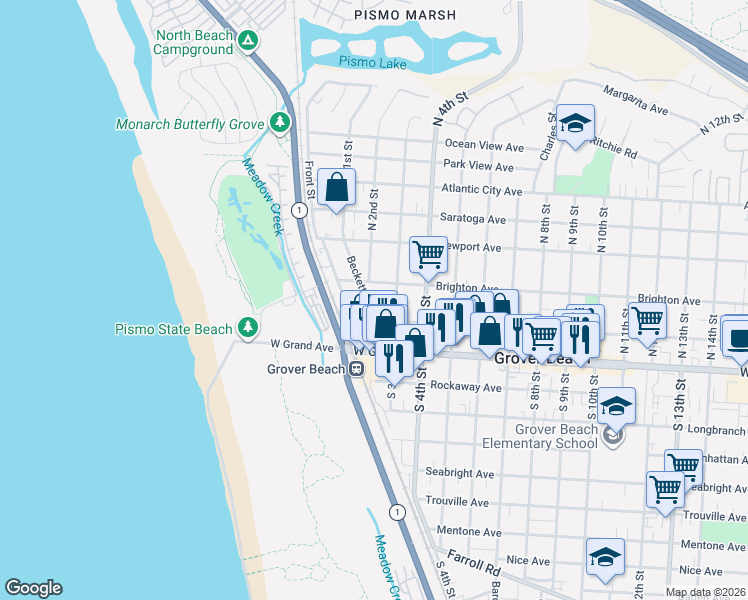 map of restaurants, bars, coffee shops, grocery stores, and more near 272 Beckett Place in Grover Beach