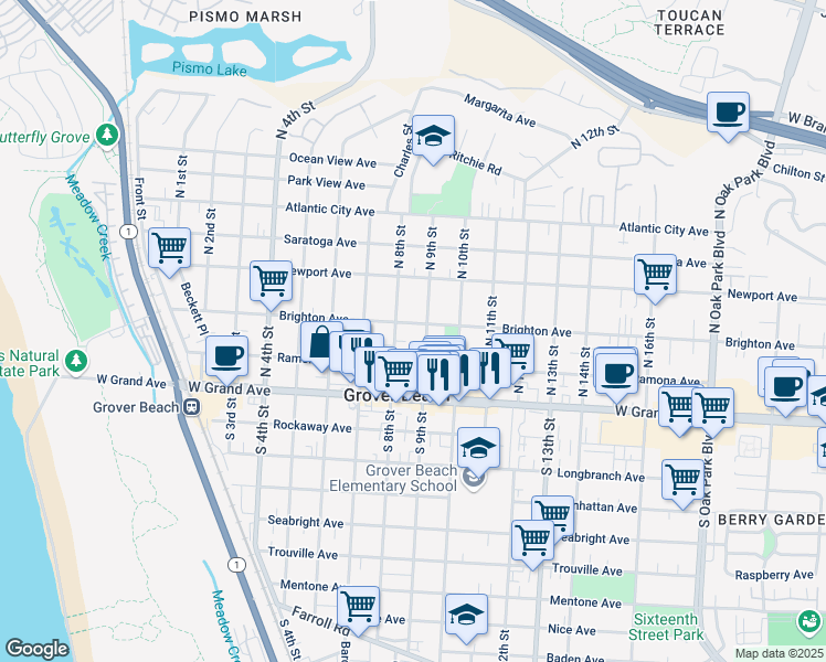map of restaurants, bars, coffee shops, grocery stores, and more near 866 Brighton Avenue in Grover Beach