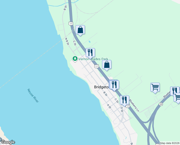 map of restaurants, bars, coffee shops, grocery stores, and more near 802 B Street in New Bern