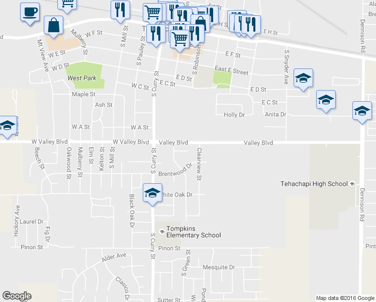 map of restaurants, bars, coffee shops, grocery stores, and more near 118 Clearview Court in Tehachapi