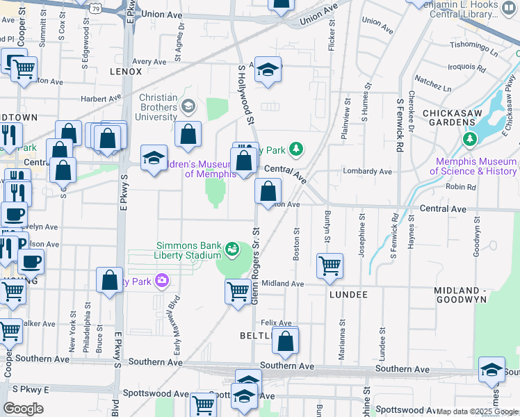 map of restaurants, bars, coffee shops, grocery stores, and more near 305 South Hollywood Street in Memphis