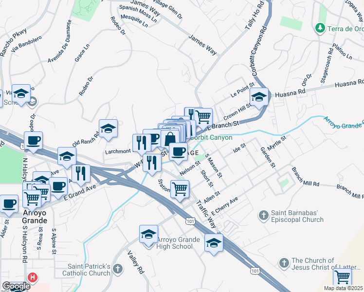 map of restaurants, bars, coffee shops, grocery stores, and more near 134 East Branch Street in Arroyo Grande