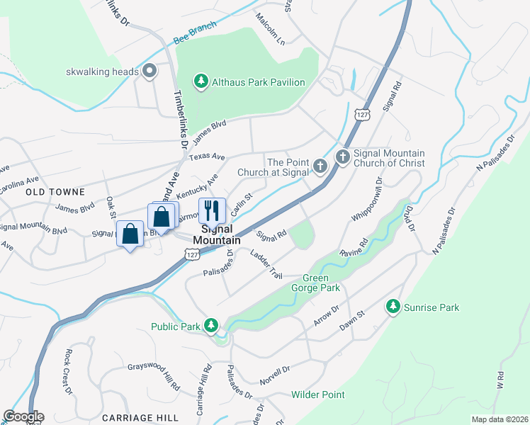 map of restaurants, bars, coffee shops, grocery stores, and more near 915 Ridgeway Avenue in Signal Mountain