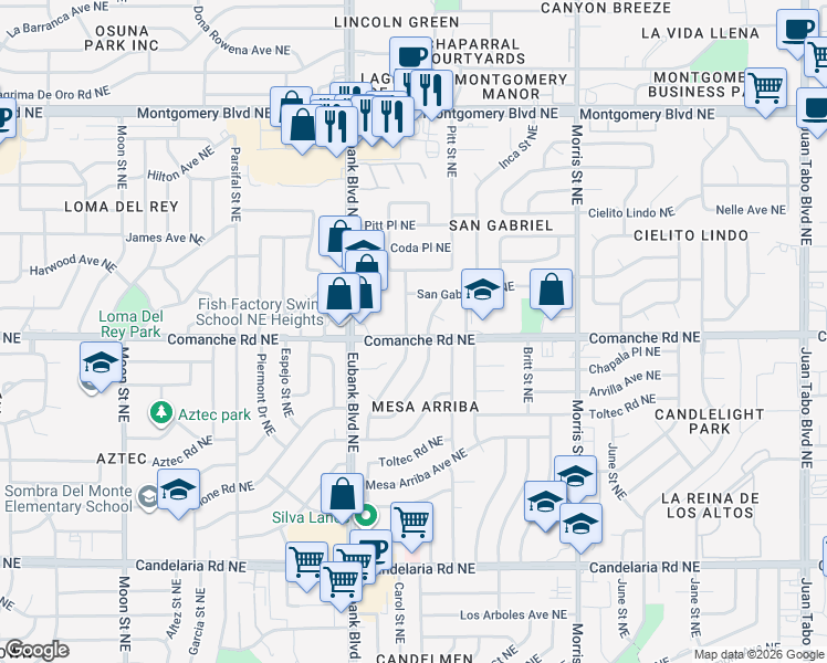 map of restaurants, bars, coffee shops, grocery stores, and more near 3700 Mary Ellen Street Northeast in Albuquerque