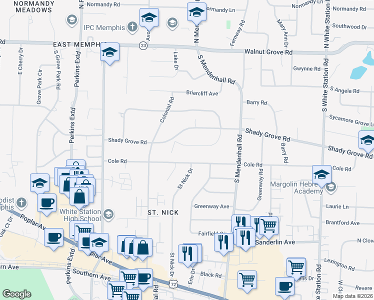 map of restaurants, bars, coffee shops, grocery stores, and more near 4877 Roane Road in Memphis