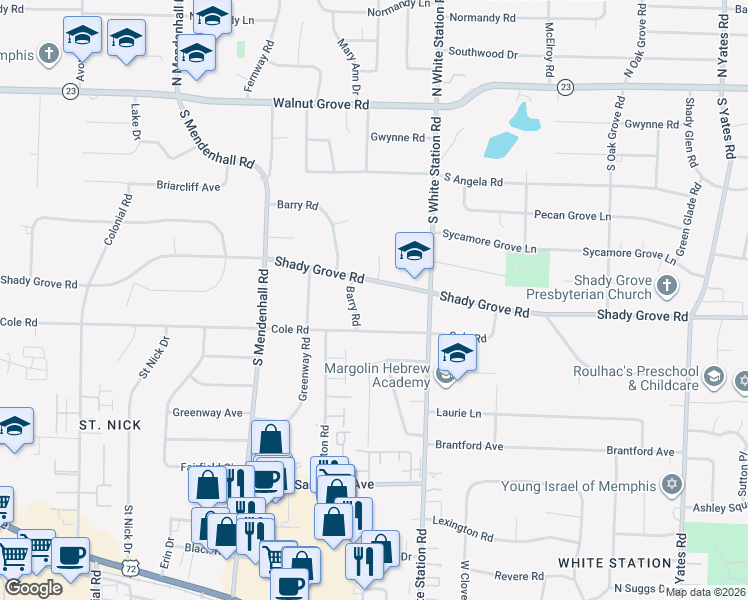 map of restaurants, bars, coffee shops, grocery stores, and more near 252 Barry Road in Memphis