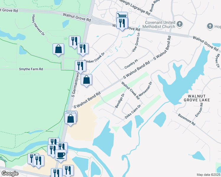 map of restaurants, bars, coffee shops, grocery stores, and more near 242 German Park Cove in Memphis