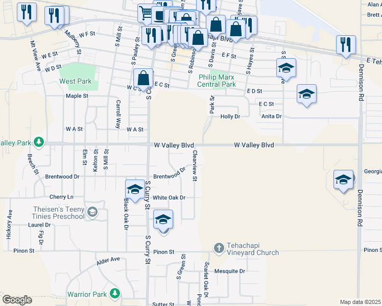 map of restaurants, bars, coffee shops, grocery stores, and more near 809 Clearview Street in Tehachapi