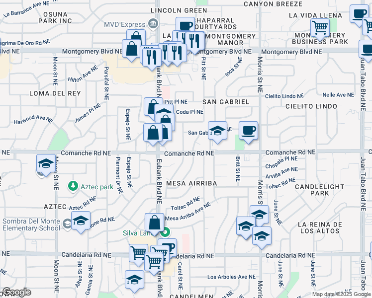 map of restaurants, bars, coffee shops, grocery stores, and more near 3700 Mary Ellen Street Northeast in Albuquerque