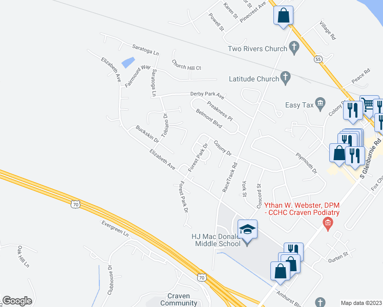 map of restaurants, bars, coffee shops, grocery stores, and more near 3716 Colony Drive in New Bern