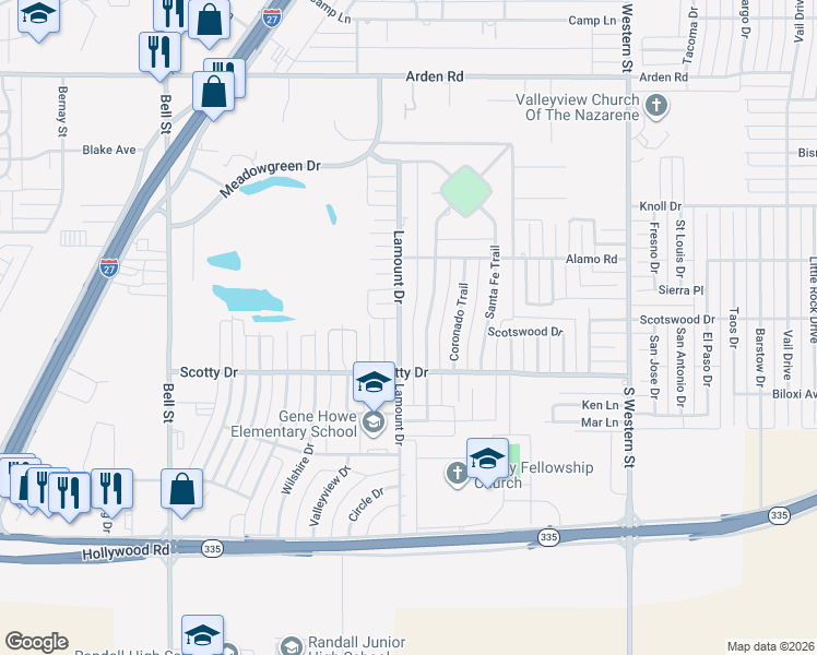 map of restaurants, bars, coffee shops, grocery stores, and more near 8202 Goodnight Trail in Amarillo