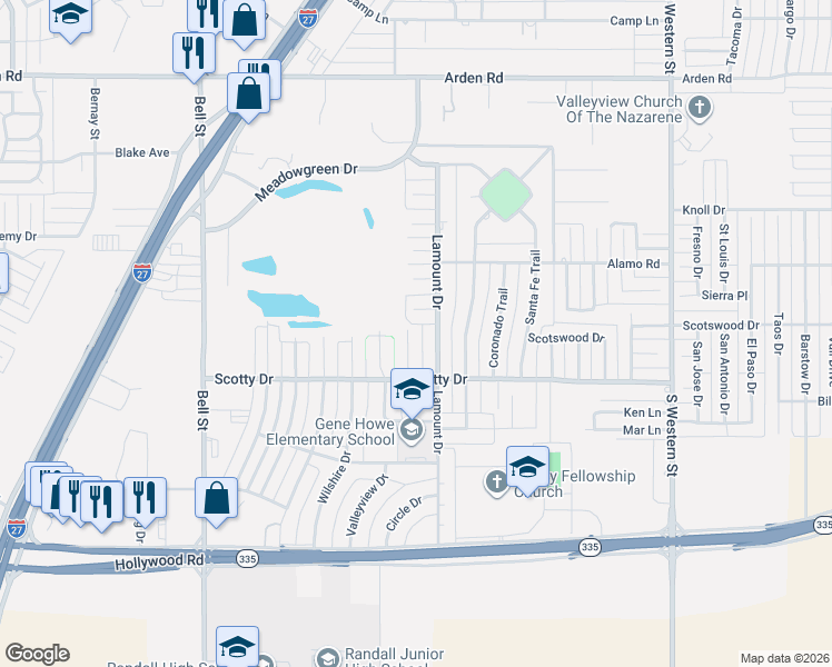 map of restaurants, bars, coffee shops, grocery stores, and more near 8301 Ranier Drive in Amarillo