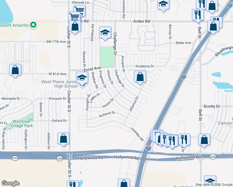 map of restaurants, bars, coffee shops, grocery stores, and more near 8125 Victory Drive in Amarillo