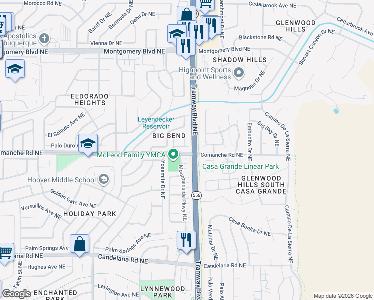 map of restaurants, bars, coffee shops, grocery stores, and more near 3728 Ridge Pointe Loop Northeast in Albuquerque