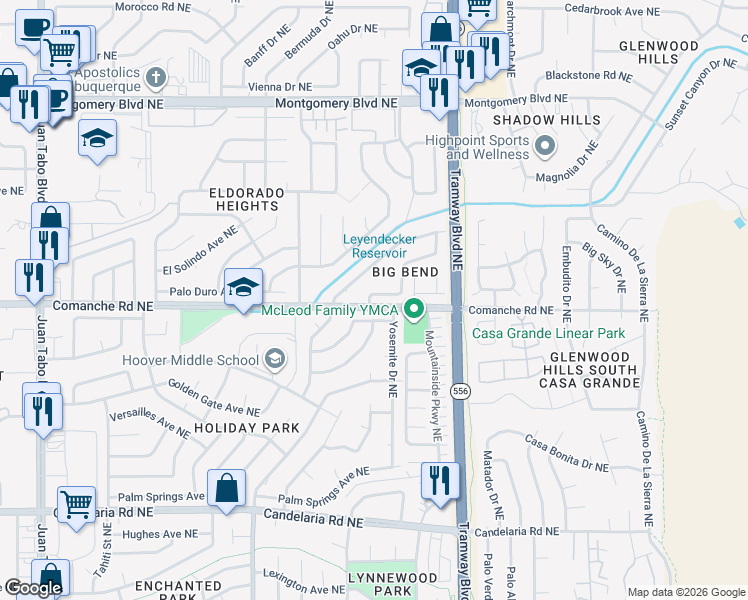 map of restaurants, bars, coffee shops, grocery stores, and more near 3705 Big Bend Road Northeast in Albuquerque