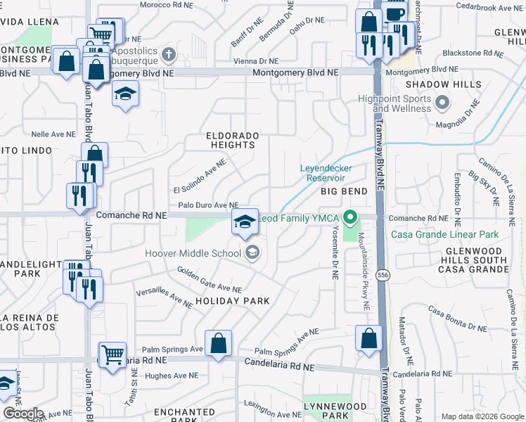 map of restaurants, bars, coffee shops, grocery stores, and more near 12116 Palo Duro Avenue Northeast in Albuquerque