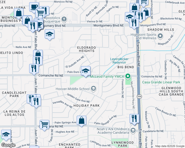 map of restaurants, bars, coffee shops, grocery stores, and more near 12012 Palo Duro Avenue Northeast in Albuquerque