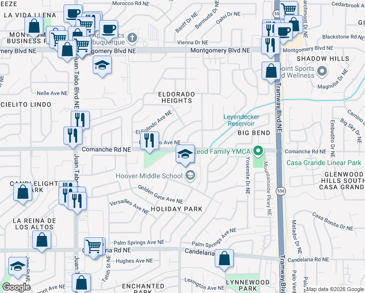 map of restaurants, bars, coffee shops, grocery stores, and more near 12015 Palo Duro Avenue Northeast in Albuquerque