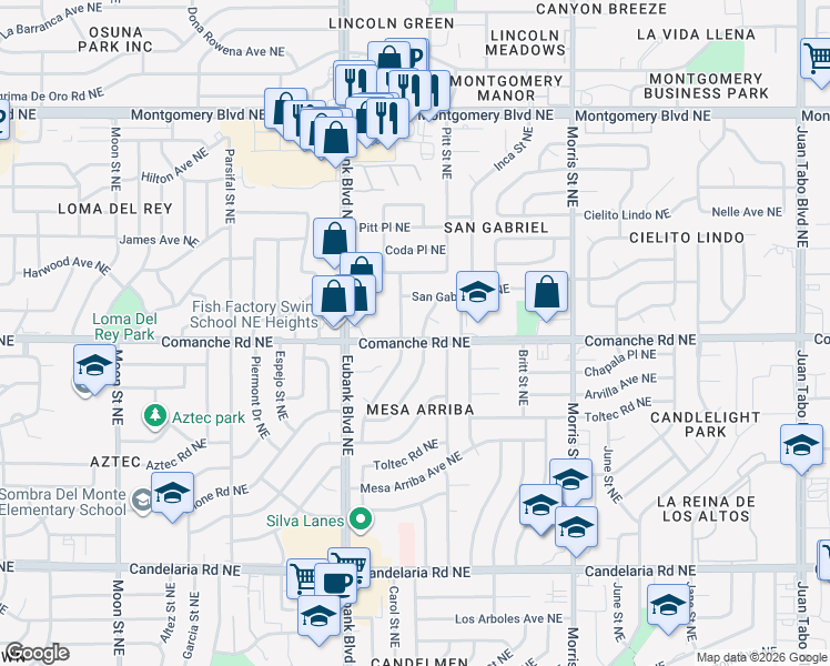 map of restaurants, bars, coffee shops, grocery stores, and more near 3704 Chapala Drive Northeast in Albuquerque