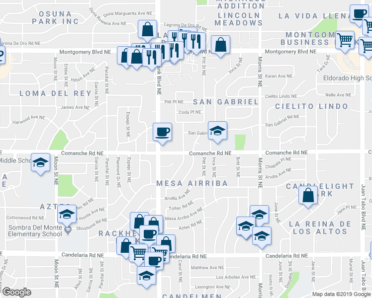 map of restaurants, bars, coffee shops, grocery stores, and more near 3705 Mary Ellen Street Northeast in Albuquerque
