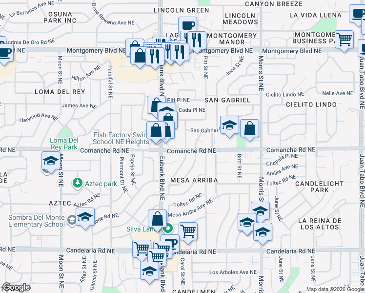 map of restaurants, bars, coffee shops, grocery stores, and more near 3705 Mary Ellen Street Northeast in Albuquerque