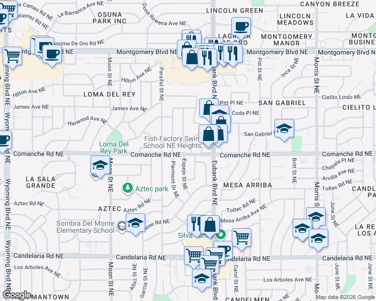 map of restaurants, bars, coffee shops, grocery stores, and more near 9508 San Gabriel Road Northeast in Albuquerque