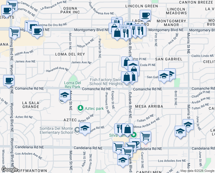 map of restaurants, bars, coffee shops, grocery stores, and more near 9508 San Gabriel Road Northeast in Albuquerque