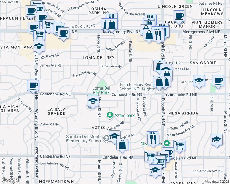 map of restaurants, bars, coffee shops, grocery stores, and more near 9112 Orlando Place Northeast in Albuquerque