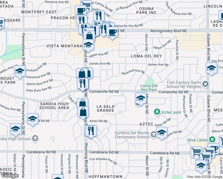 map of restaurants, bars, coffee shops, grocery stores, and more near 8632 Horacio Place Northeast in Albuquerque