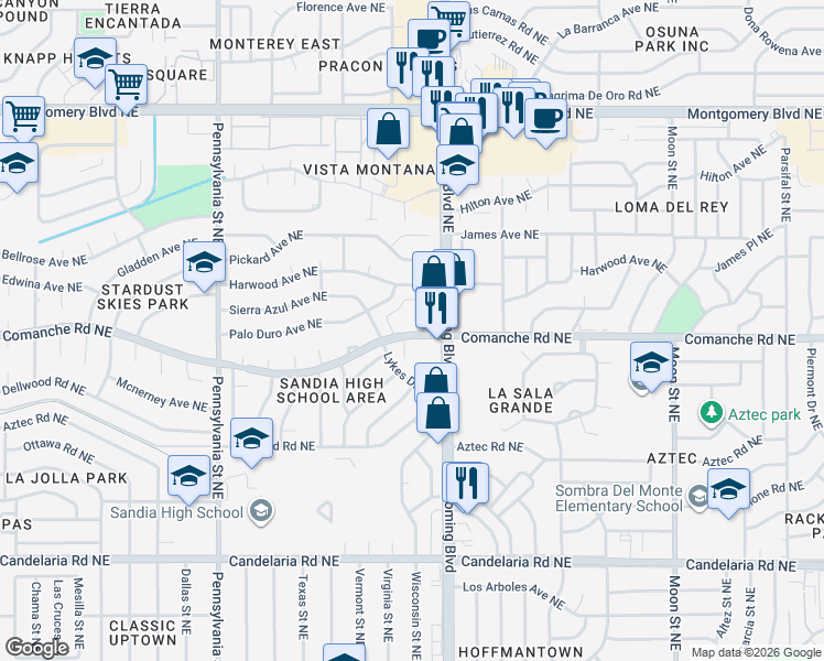 map of restaurants, bars, coffee shops, grocery stores, and more near 8333 Comanche Road Northeast in Albuquerque