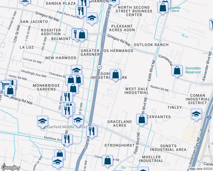 map of restaurants, bars, coffee shops, grocery stores, and more near 150 Mescalero Road Northwest in Albuquerque