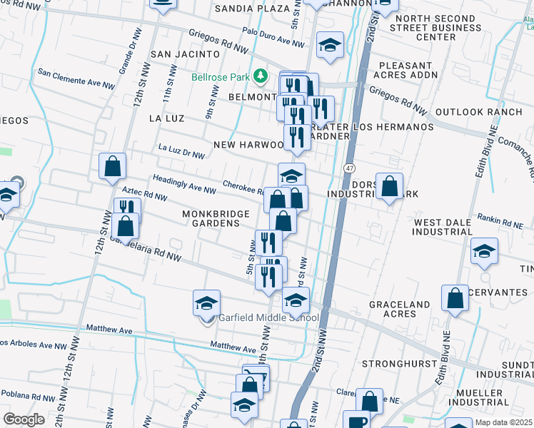 map of restaurants, bars, coffee shops, grocery stores, and more near 426 Headingly Avenue Northwest in Albuquerque