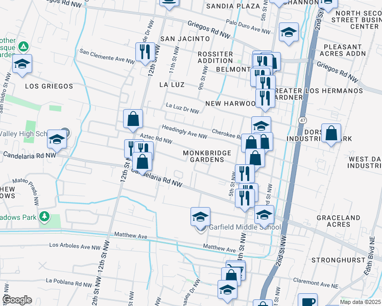 map of restaurants, bars, coffee shops, grocery stores, and more near 902 Aztec Road Northwest in Albuquerque