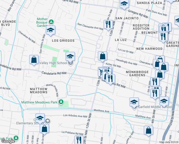 map of restaurants, bars, coffee shops, grocery stores, and more near 1308 Arvilla Avenue Northwest in Albuquerque
