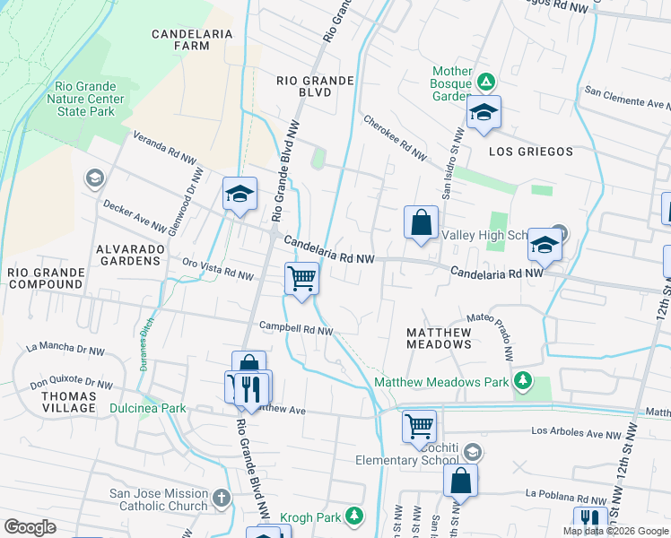 map of restaurants, bars, coffee shops, grocery stores, and more near 2168 Ryan Place Northwest in Albuquerque