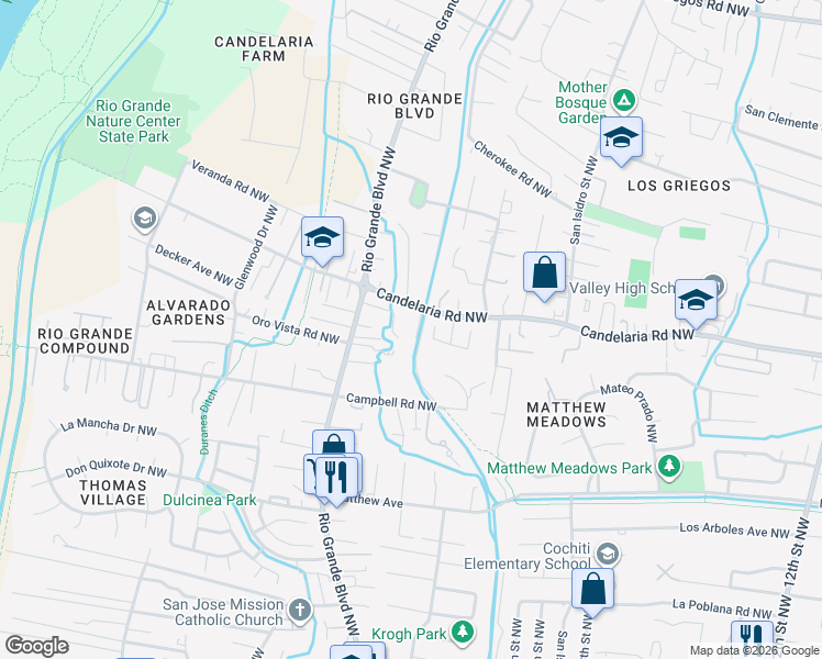 map of restaurants, bars, coffee shops, grocery stores, and more near 22193 Camino de los Artesanos Northwest in Albuquerque