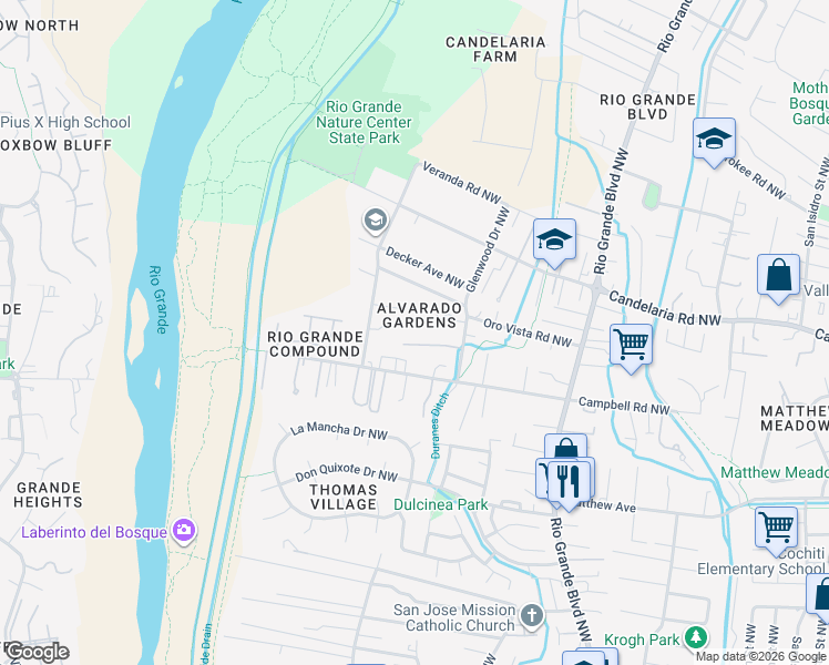 map of restaurants, bars, coffee shops, grocery stores, and more near 2709 Rio Encantado Court in Albuquerque