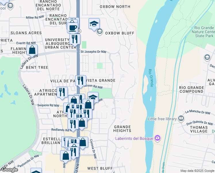 map of restaurants, bars, coffee shops, grocery stores, and more near 3701 Summit Park Road Northwest in Albuquerque