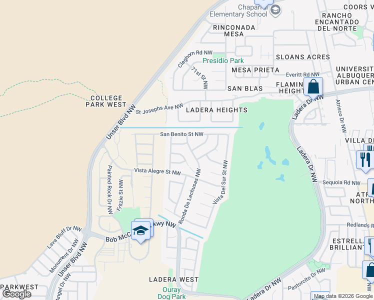 map of restaurants, bars, coffee shops, grocery stores, and more near 3604 Ronda De Lechusas Northwest in Albuquerque