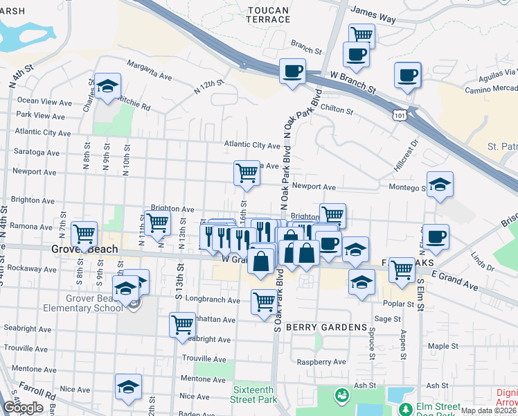 map of restaurants, bars, coffee shops, grocery stores, and more near 1687 Brighton Avenue in Grover Beach