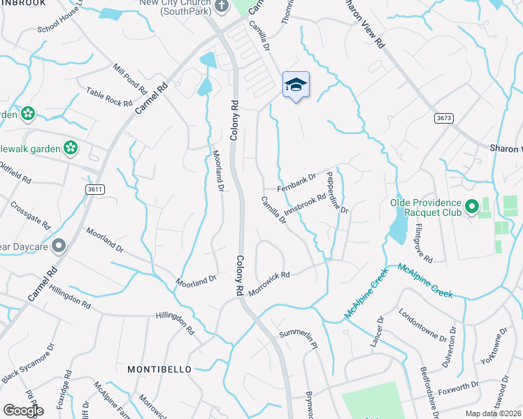 map of restaurants, bars, coffee shops, grocery stores, and more near 5412 Camilla Drive in Charlotte